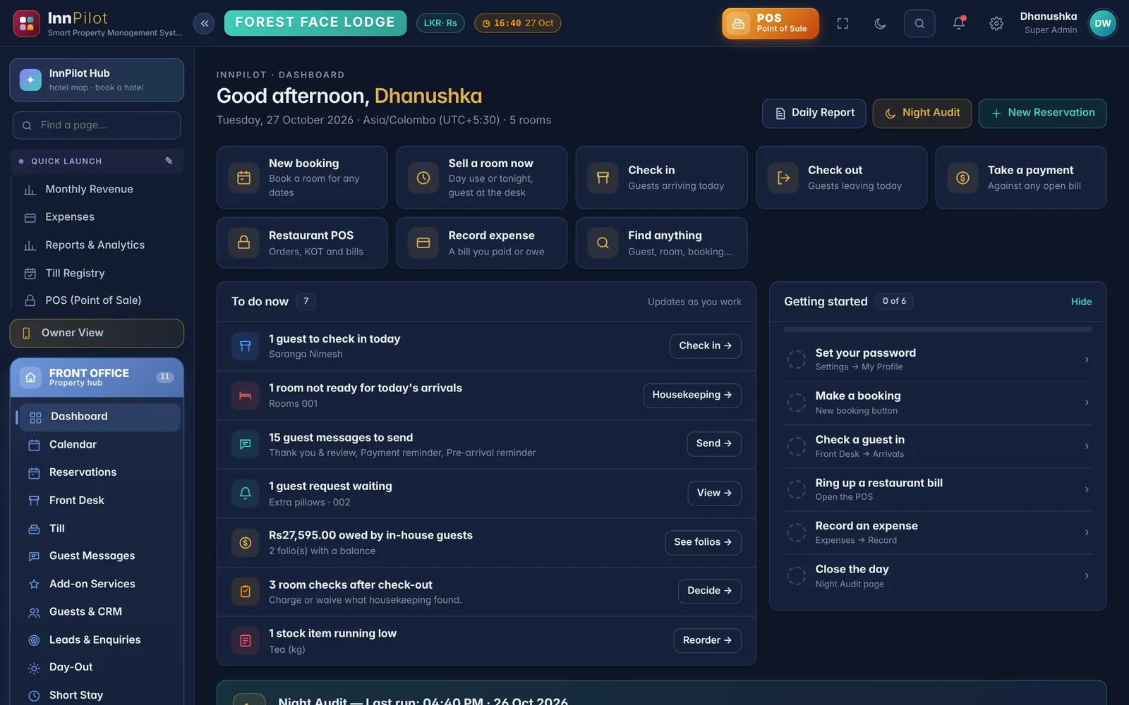 InnPilot dashboard with quick actions and today's to-do list